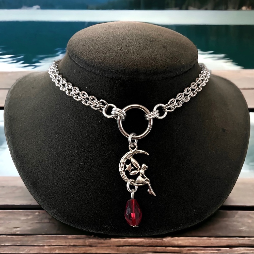 Stainless steel chain necklace silver plated fairy moon charm & red crystal